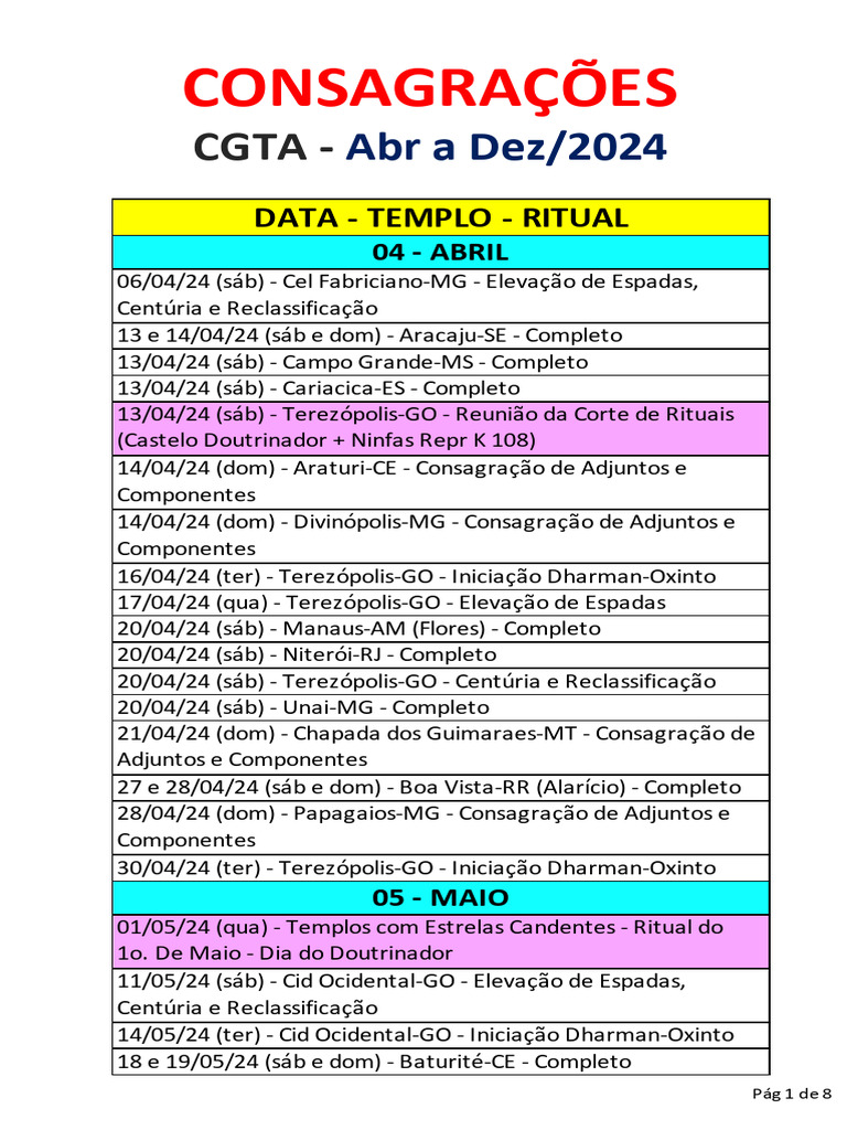 Consagracoes CGTA - Escalas Abr-Dez 2024 | PDF