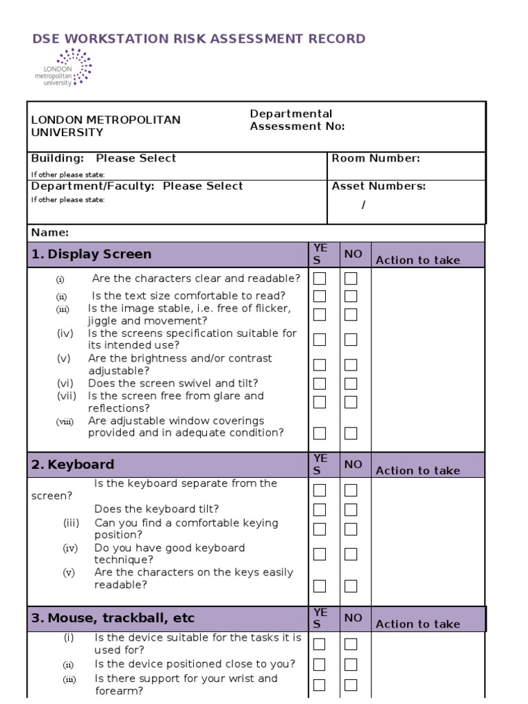 DSE Risk Assessment Checklist Oct 2011 Computer Keyboard Chair