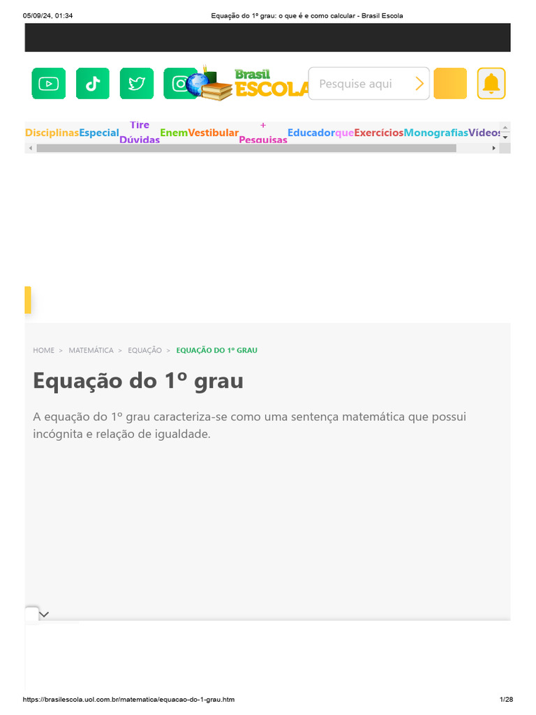 Equação Do 1º Grau_ o Que é e Como Calcular - Brasil Escola | PDF