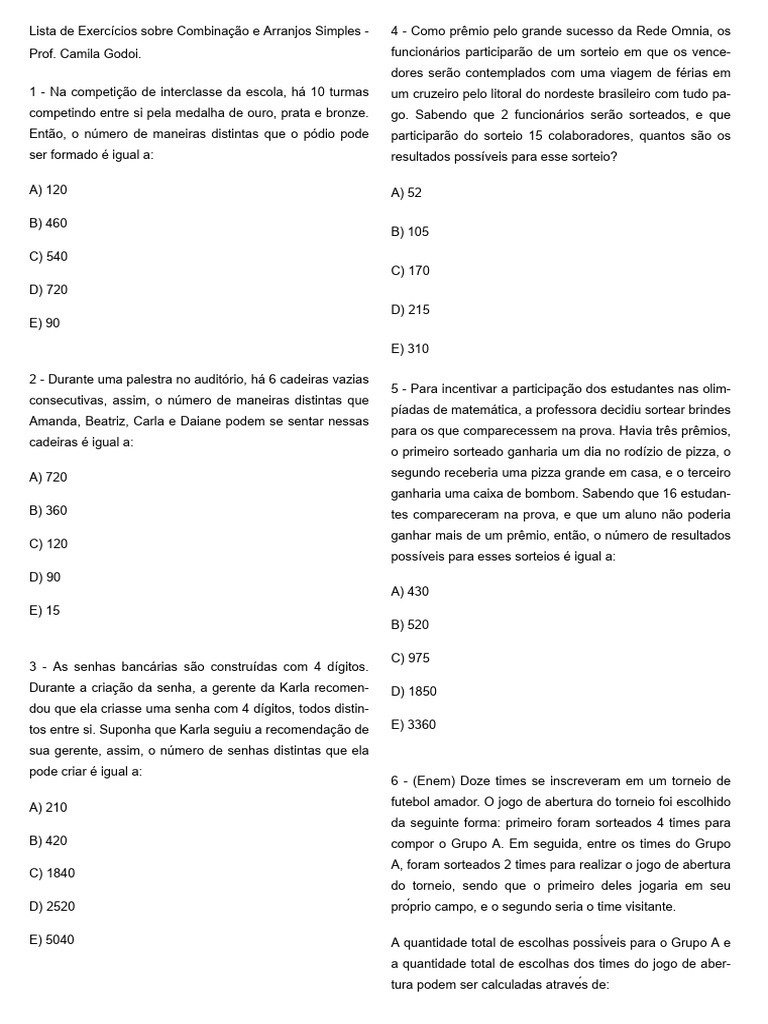 Exercícios sobre Combinação e Arranjos | PDF
