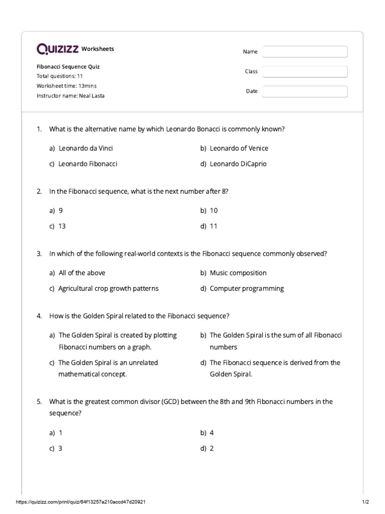 QUIZ 2 Fibonacci Sequence Quiz Quizizz | PDF