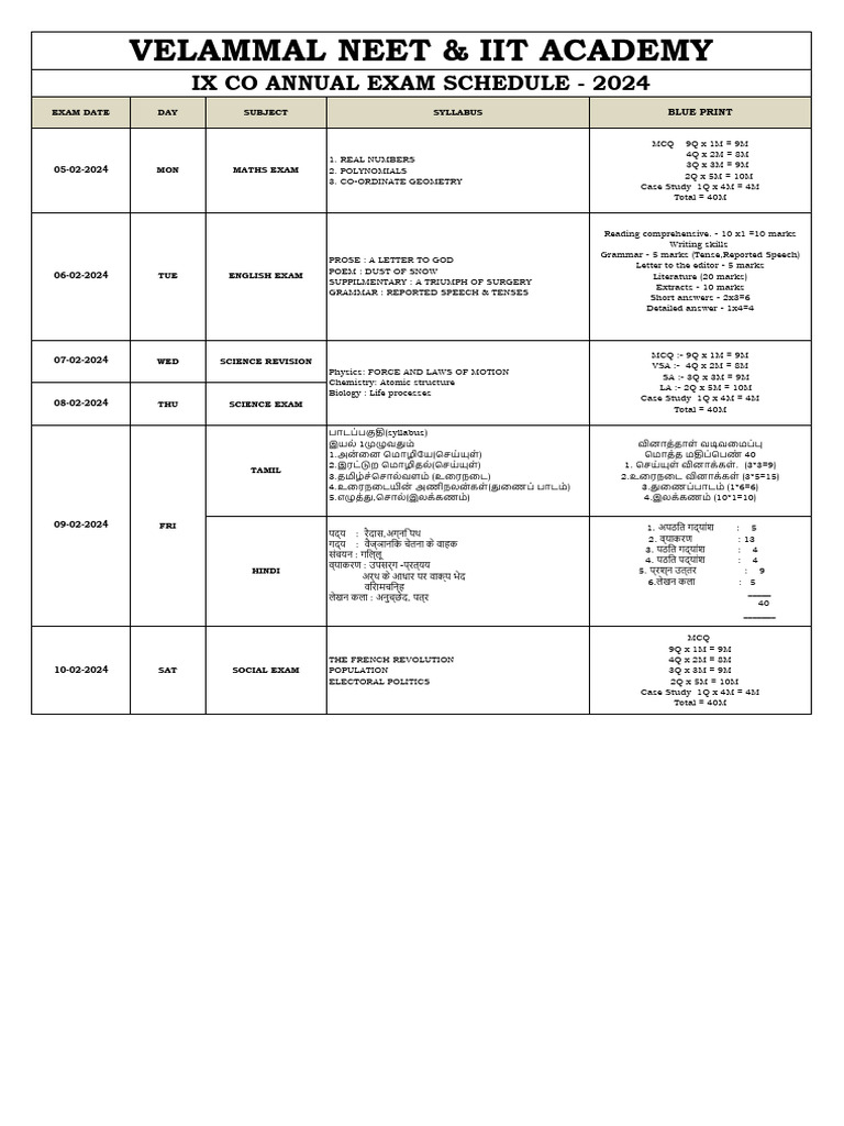 Ix Co Annual Exam Schedule - 2024 | PDF