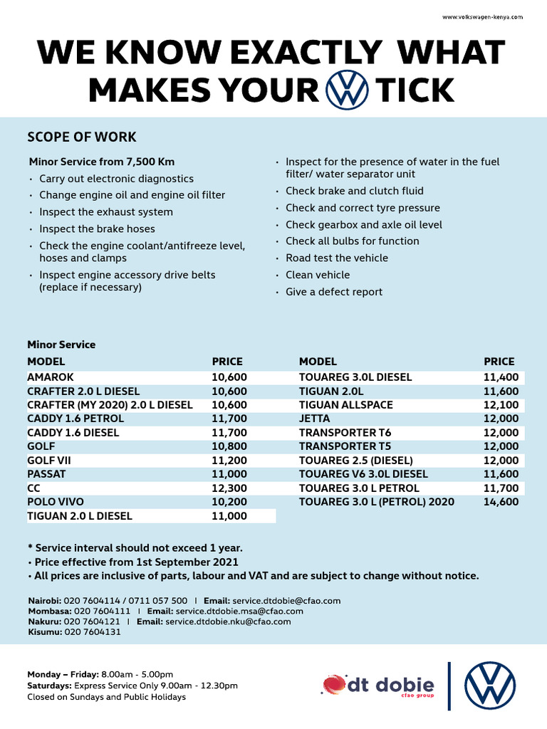 VW Minor and Major Service Pricing | PDF | Volkswagen | Diesel Engine