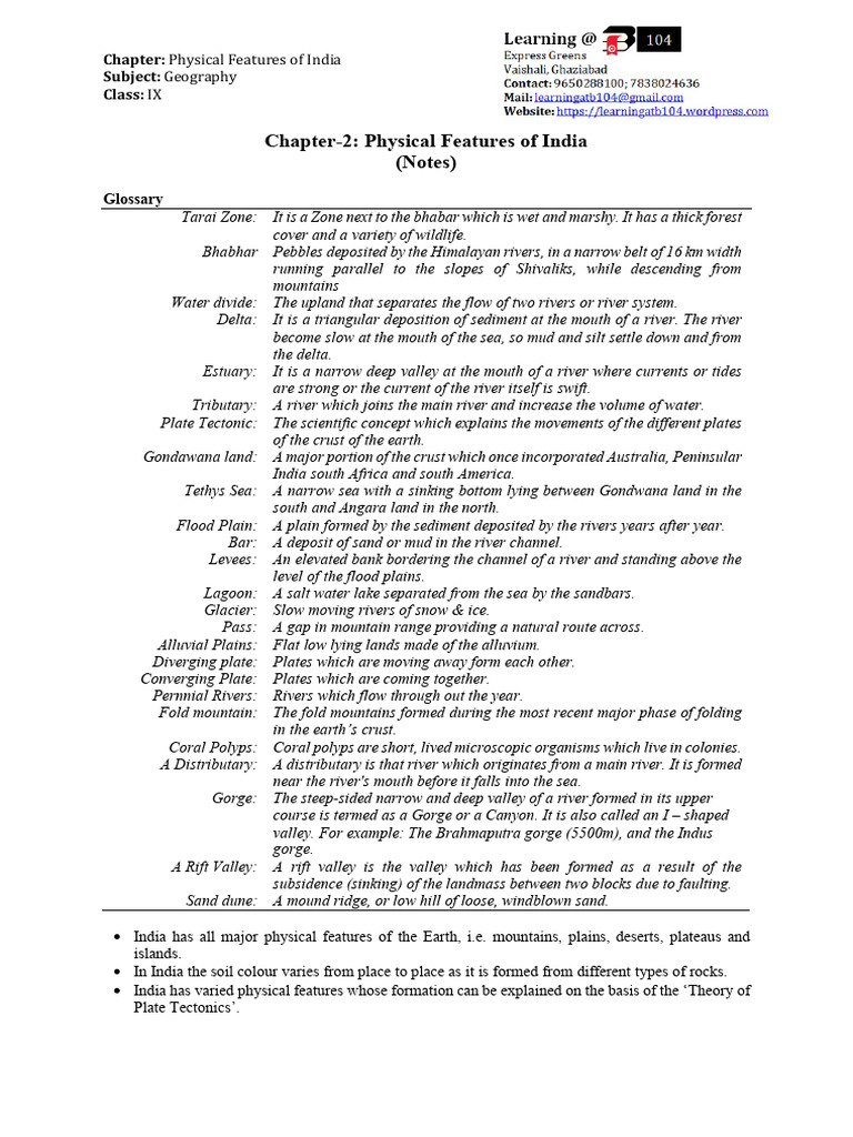 Physical Features of India Notes | PDF | Plate Tectonics | River