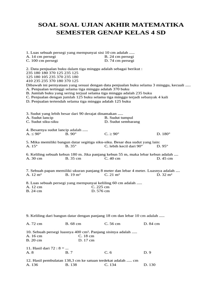 Soal Soal Ujian Akhir Matematika Semester Genap Kelas 4 SD | PDF