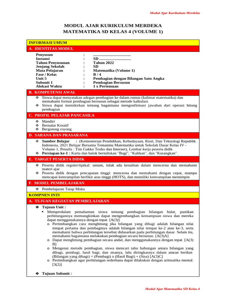Modul Ajar Kurikulum Merdeka Matematika SD Kelas 4 (Volume 1) | PDF