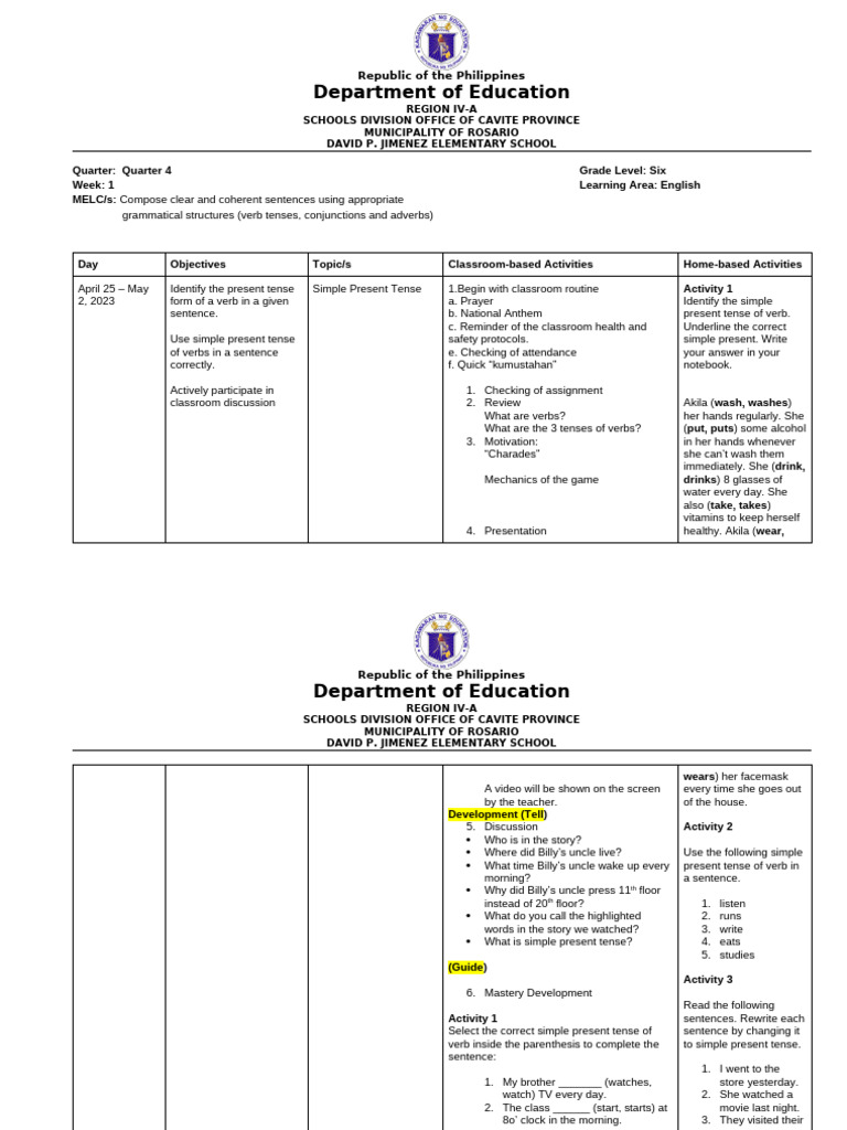 Weekly Learning Plan in English 6 April 25 - May 2 | PDF