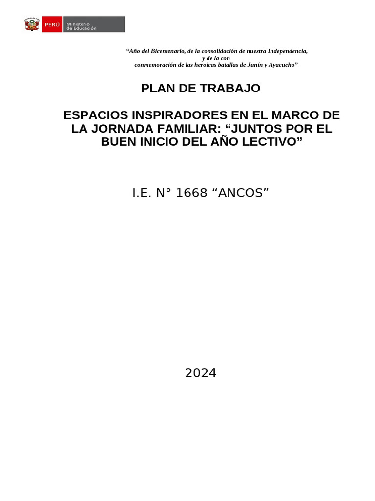 Plan de Trabajo para el Buen Inicio Escolar 2024 | PDF | Crecimiento ...