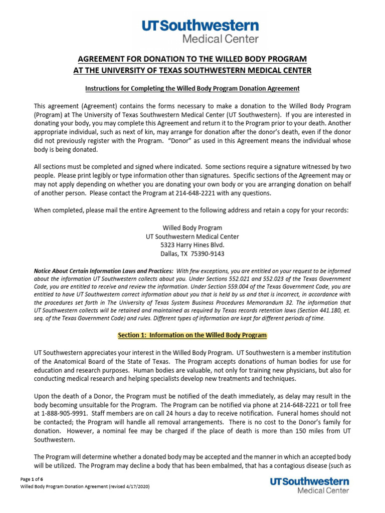 Willed Body Donation Agreement at UTSW | PDF | Legal Guardian | Law