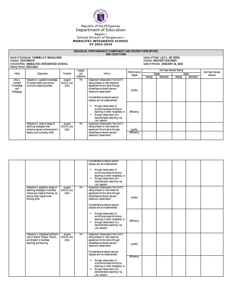 New - IPCR MidYear Review Form For Proficient Teacher | PDF