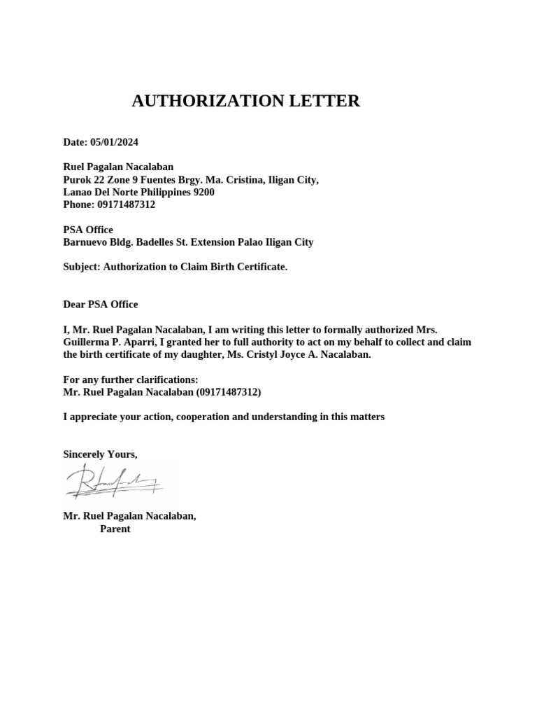 Authorization Letter Psa | PDF