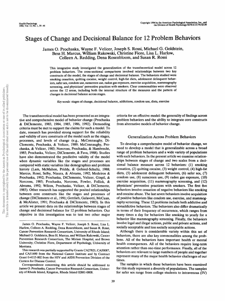 Stages of change and decisional balance for 12 problem behaviors pdf
