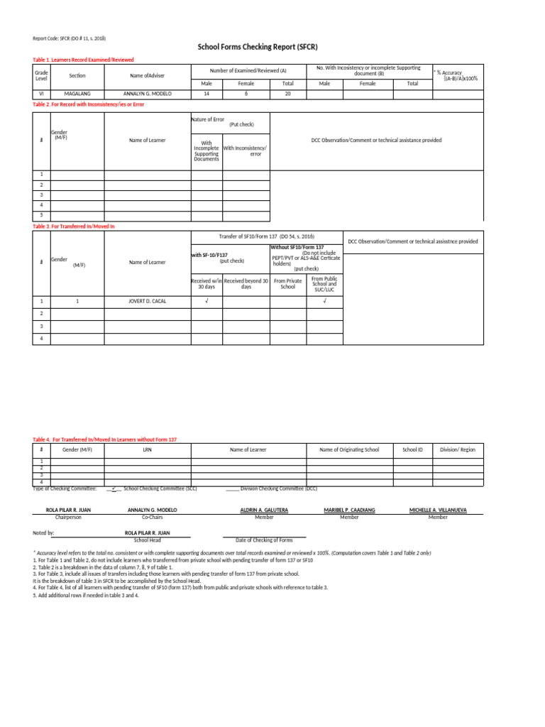 School forms checking report excel pdf