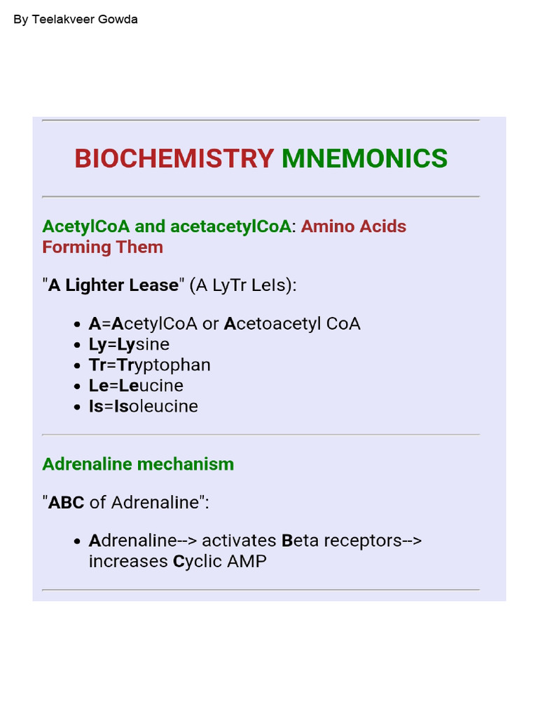Biochemistry Mnemonics (CM) | PDF