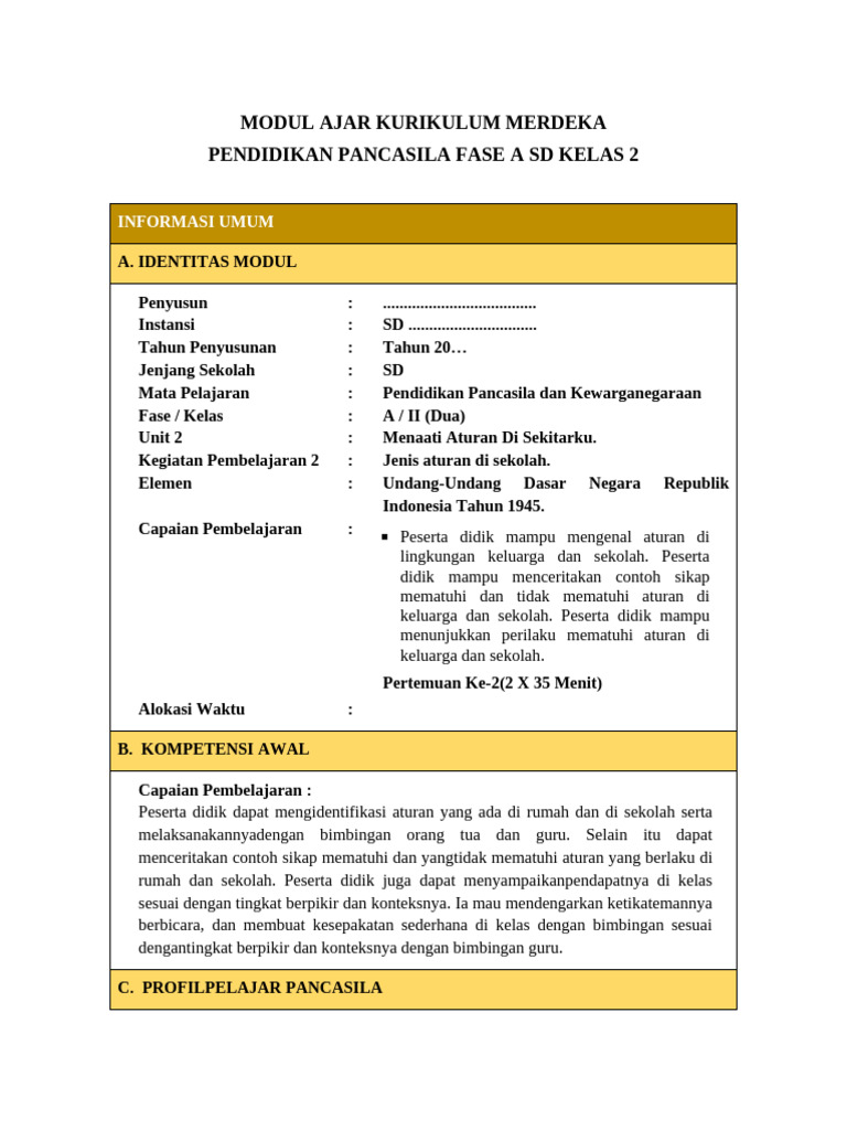 Modul Ajar Pancasila Kelas 2 SD | PDF