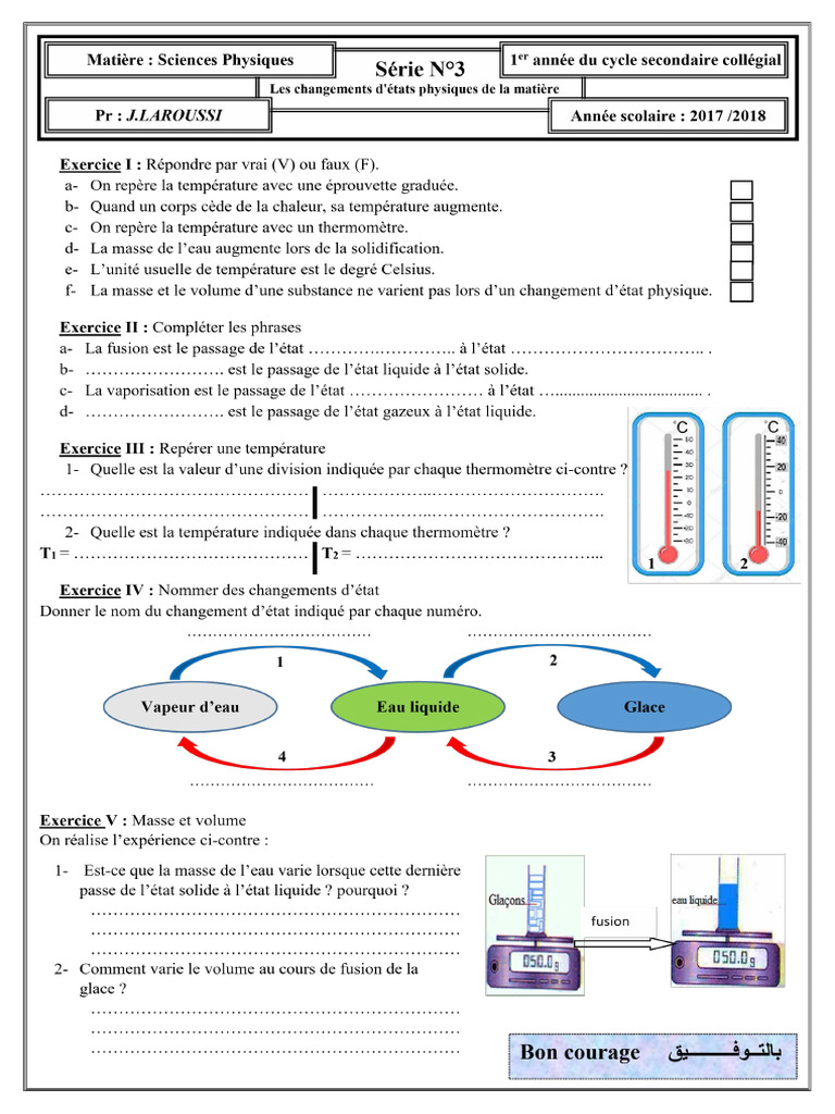 La Chaleur Et Les Changements D Etat Physique de La Matiere Exercices ...