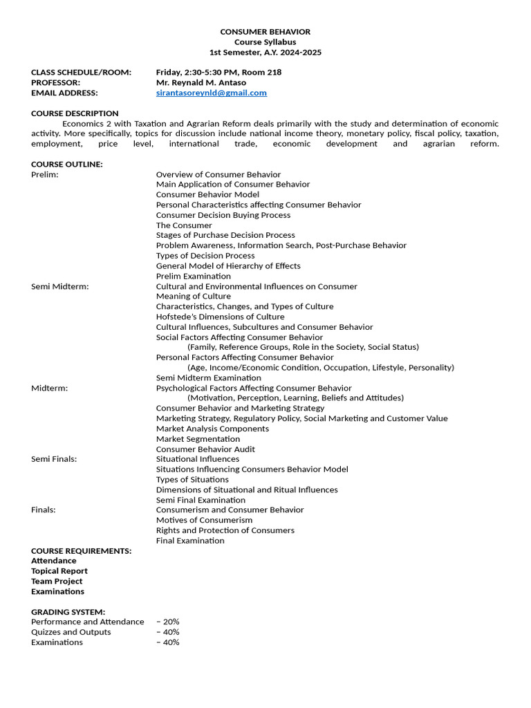 Consumer Behavior Course Syllabus | PDF | Consumer Behaviour | Behavior