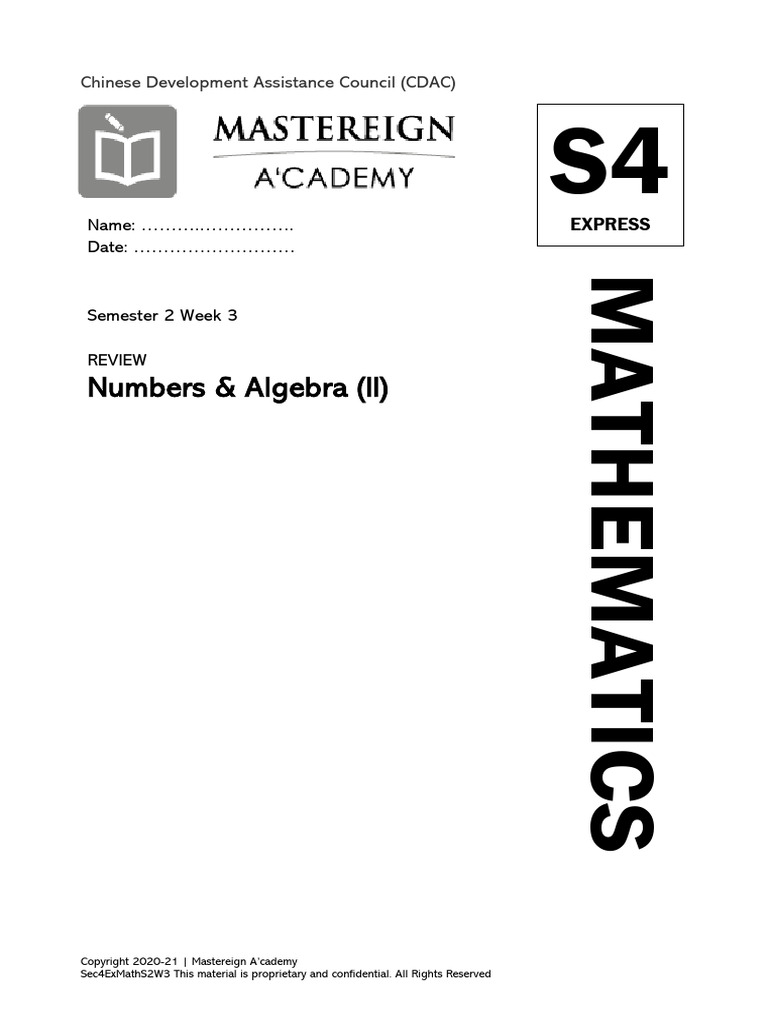 2020-21 Cdac MATH (EXP) S4.S2W3 Review Nos - Algebra (II) | PDF