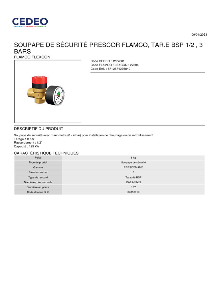 FLAMCO - Soupape de Sécurité PRESCOR 3 Bar | PDF