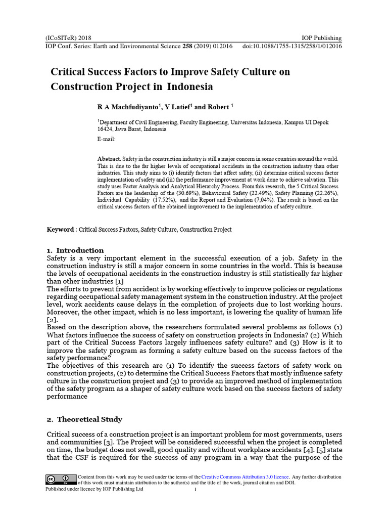 Critical Success Factors To Improve Safety Culture On Construction ...