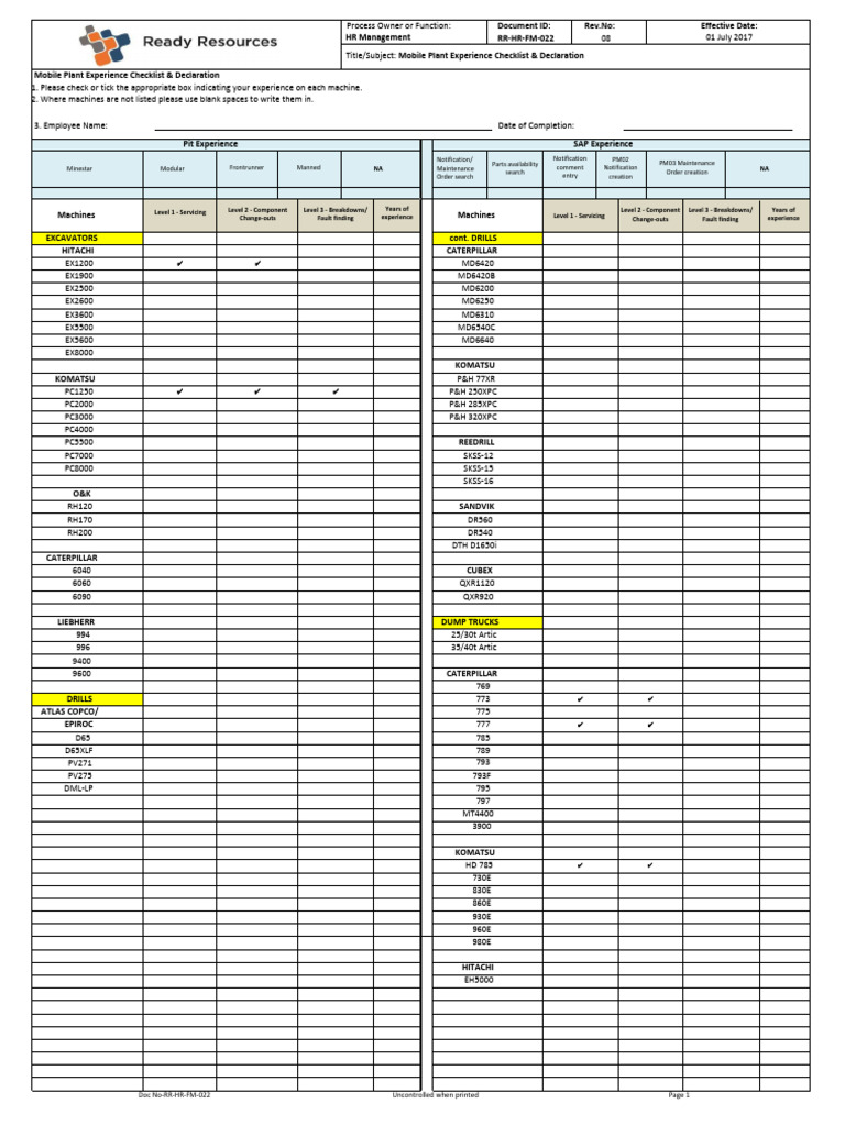 RR-HR-FM-022 - Mobile Plant Equipment Checklist Declaration | PDF