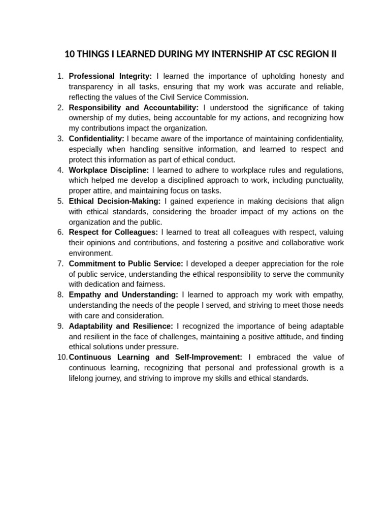 10 Things I Learned During My Internship at CSC Region II | PDF