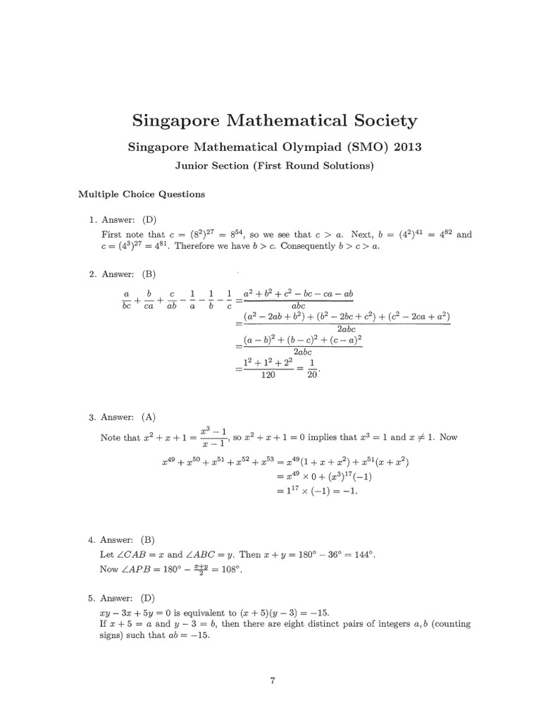 Junior Section First Round Solutions Smo Singapore Mathematical