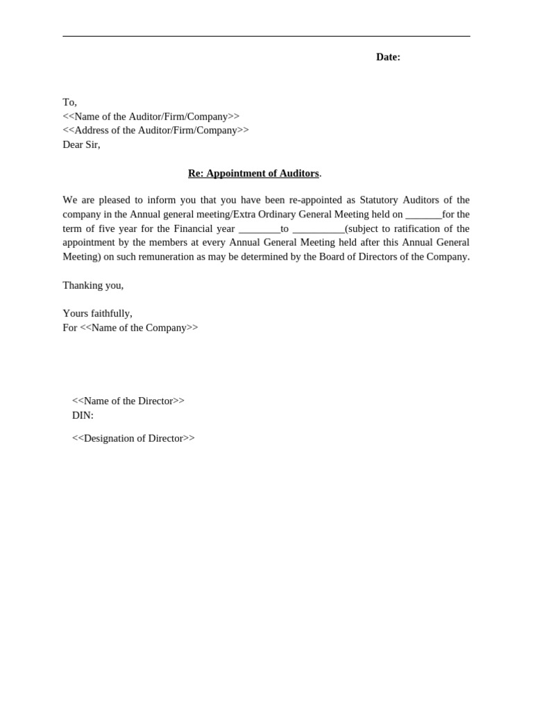 Auditor Appointment Resolution Template | PDF | Audit | Finance & Money ...