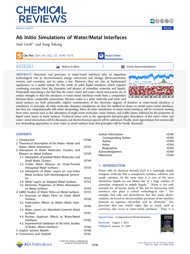 Groß Sakong 2022 Ab Initio Simulations of Water Metal Interfaces | PDF