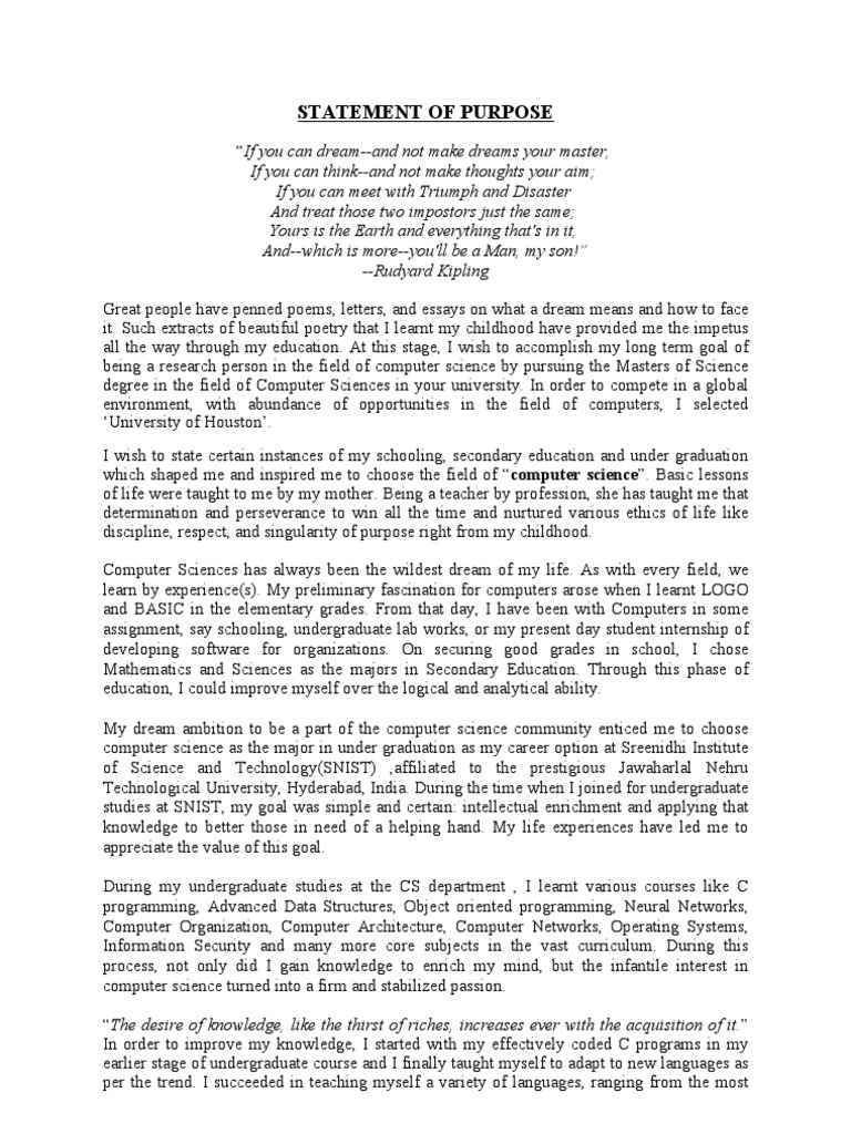 Statement of Purpose UH | PDF | Computer Science | Undergraduate Education