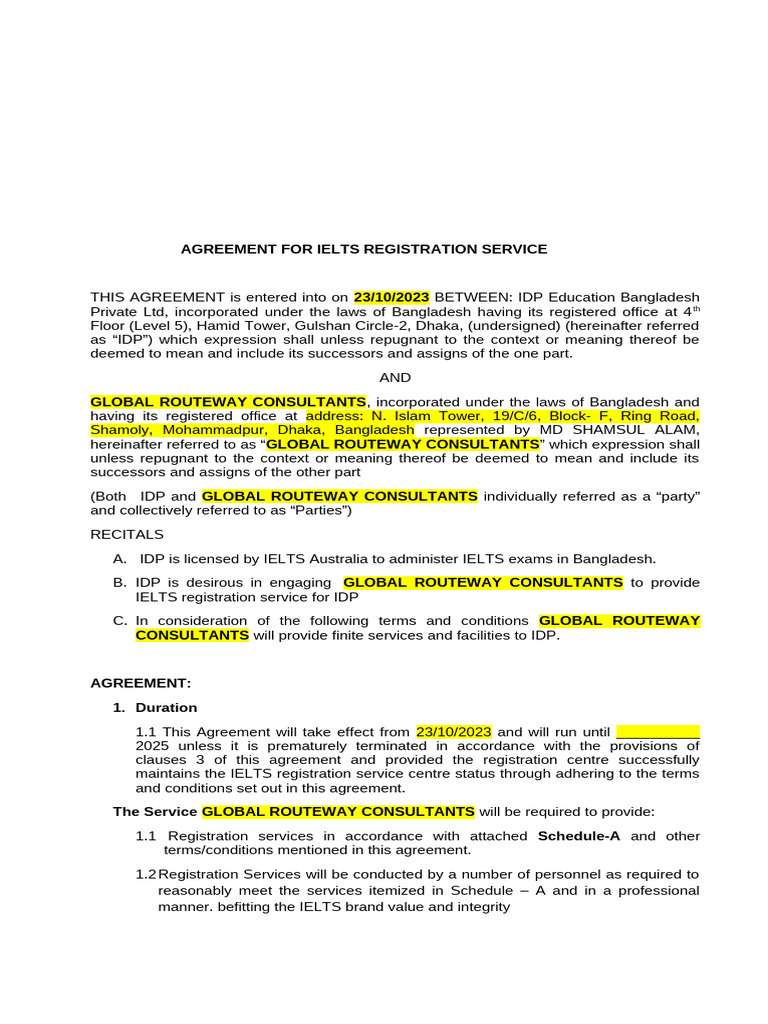 IDP IELTS Registration Partner Agreement | PDF