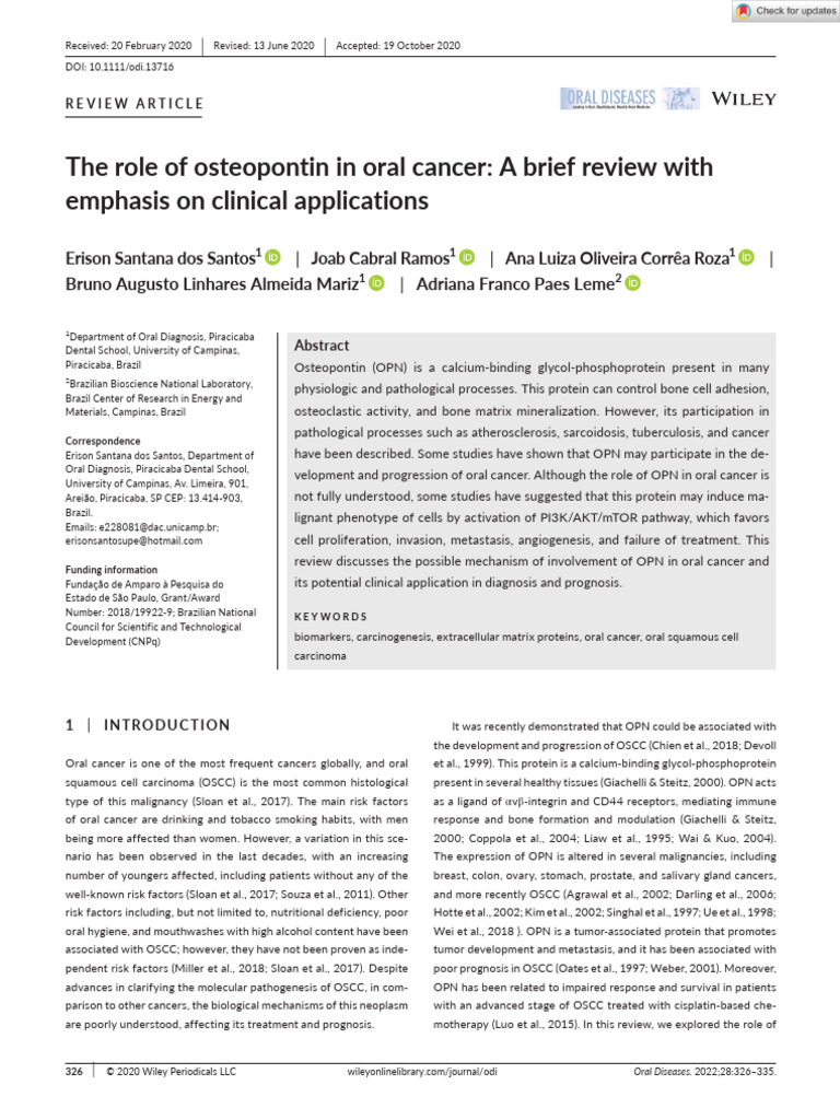 Oral Diseases - 2020 - Santos - The Role of Osteopontin in Oral Cancer ...