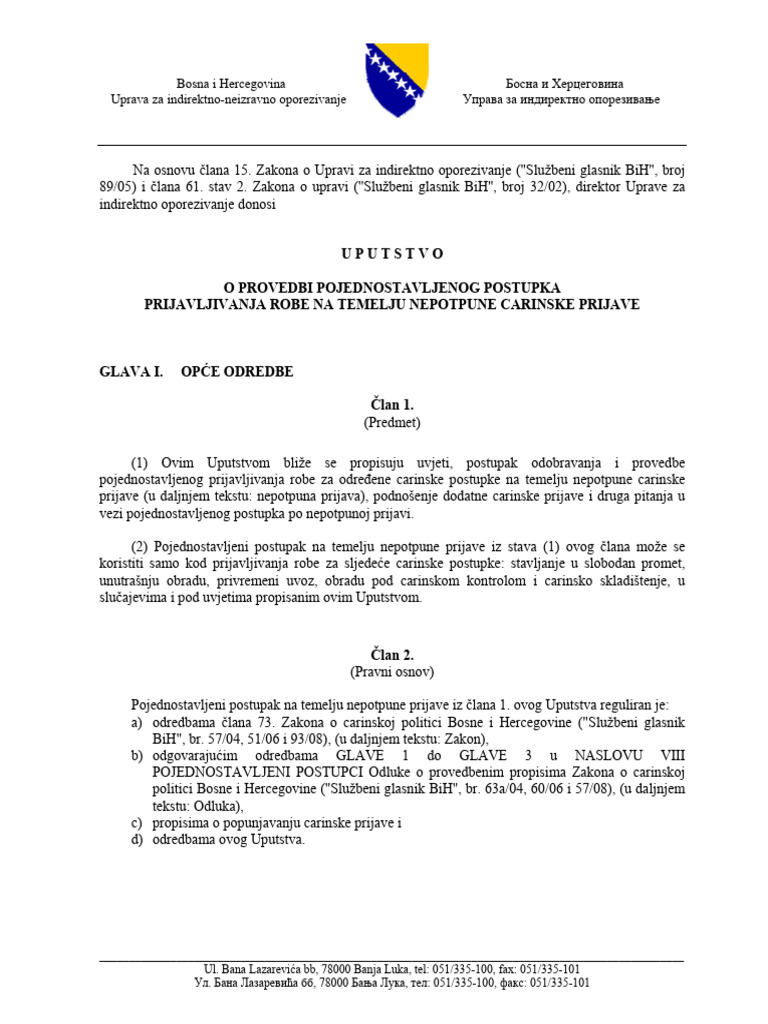 B 14 Uputstvo o Provedbi Pojednostavljenog Postupka Prijavljivanja Robe ...