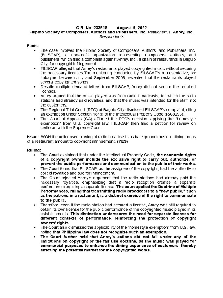 FILSCAP vs. Anrey (Intellectual Property) | PDF