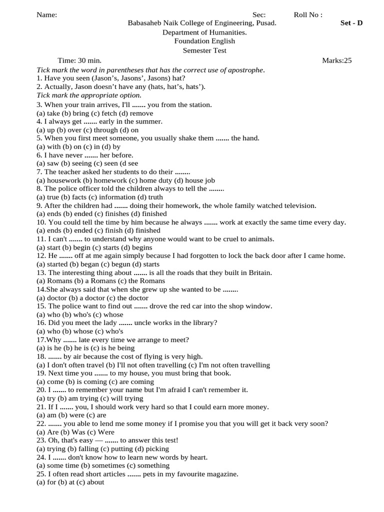 Test Paper Foundation English Set D | PDF