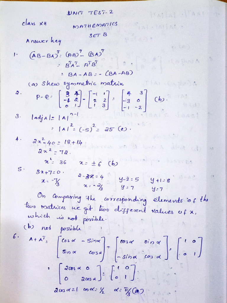 Unit Test 2 Set B Answer Key | PDF