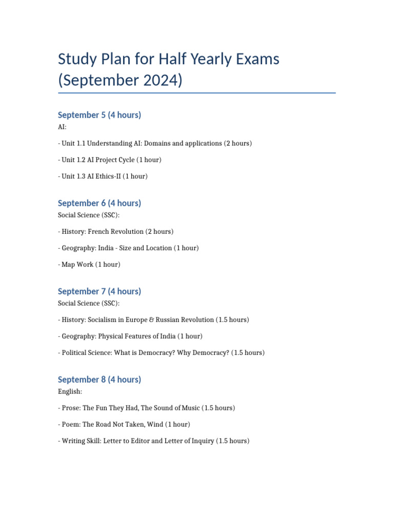 Half-Yearly Exam Study Plan 2024 | PDF