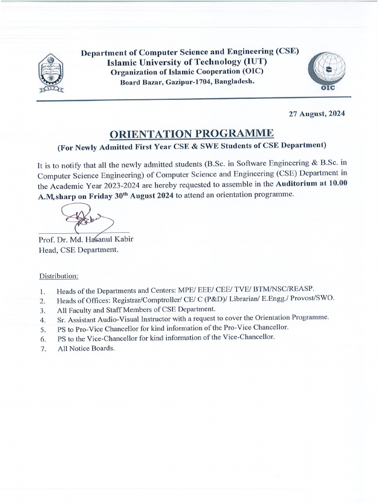 Notice For Orientation Programme of CSE Department | PDF