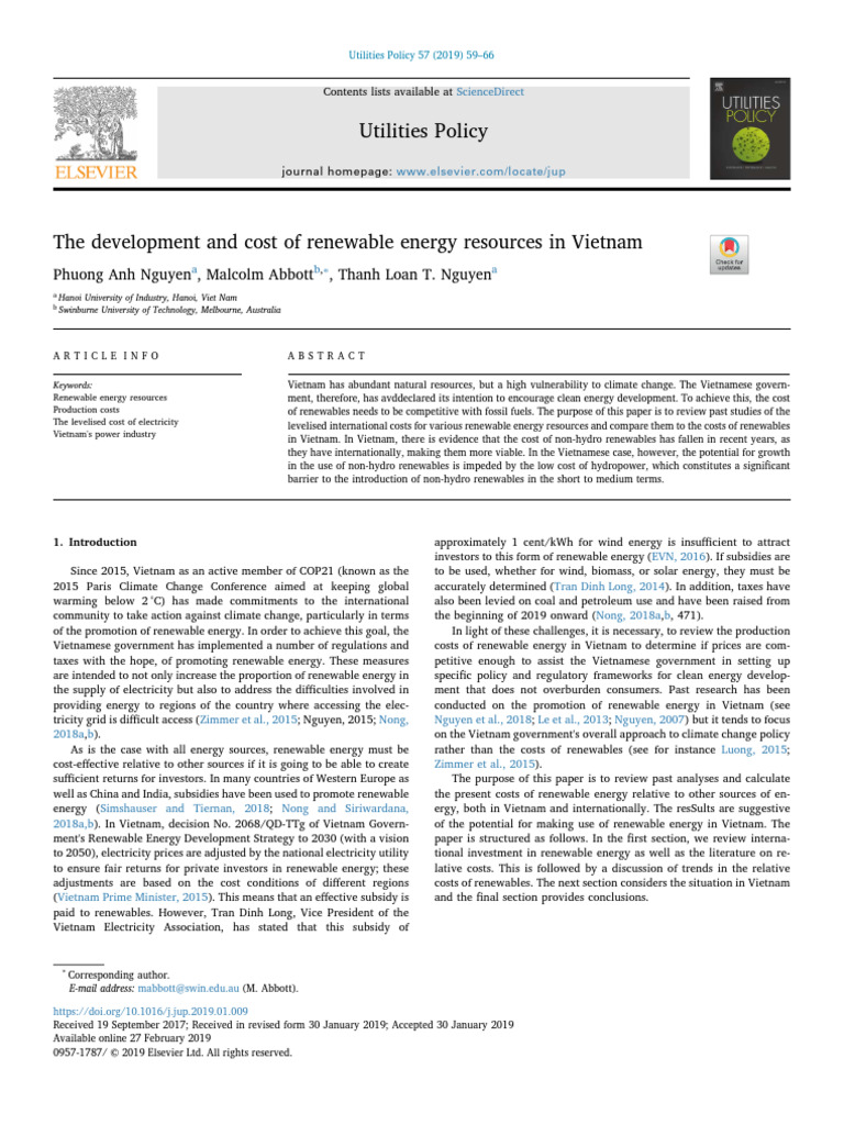 The Development and Cost of Renewable Energy Resources in Vietnam | PDF