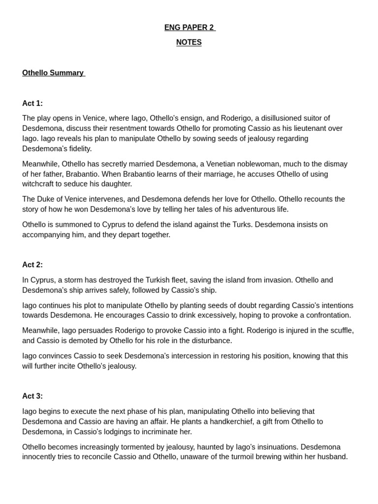 Othello Act Summaries and Analysis | PDF | Othello | Young Adult