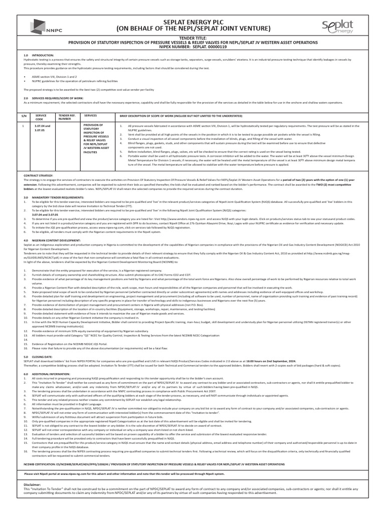 SEPLAT Provision of Statutory Inspection of Pressure Vessels and Relief ...