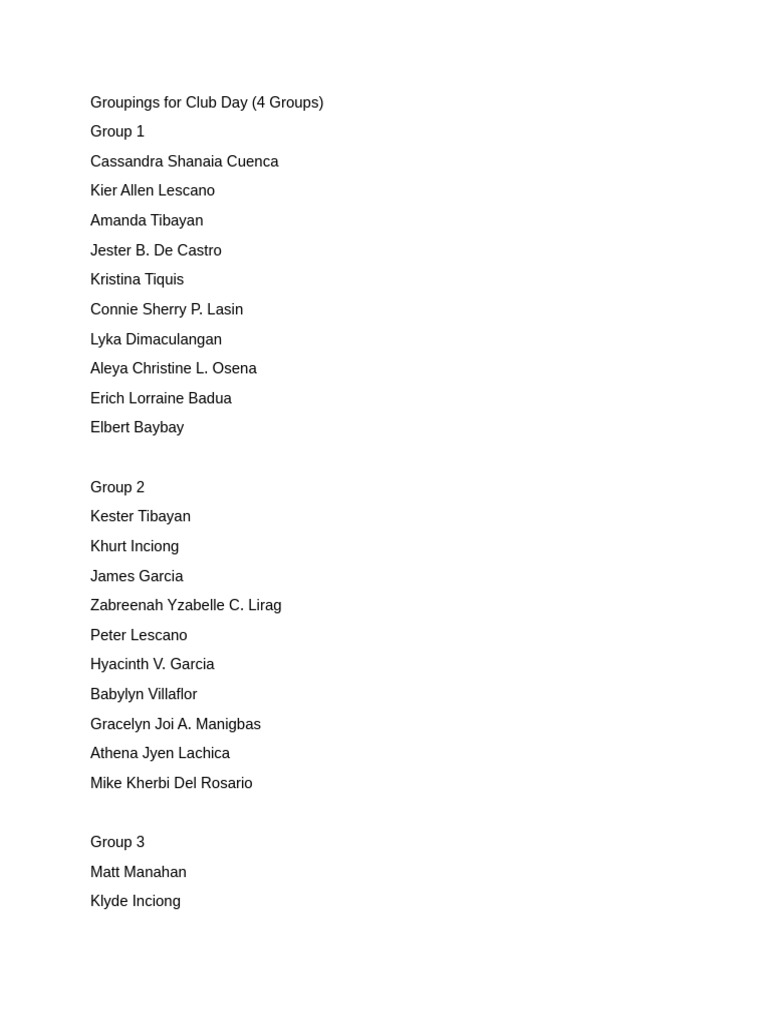 Groupings For Club Day | PDF
