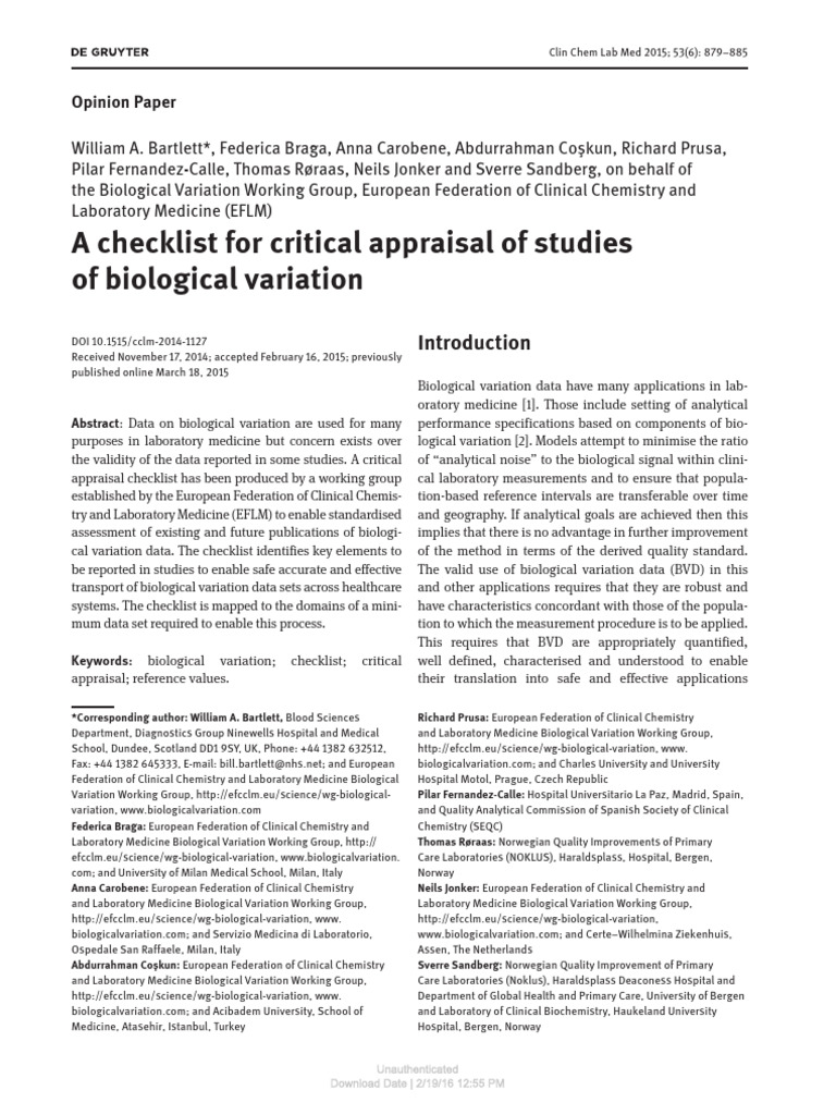 A checklist for critical appraisal of studies of biological variation ...