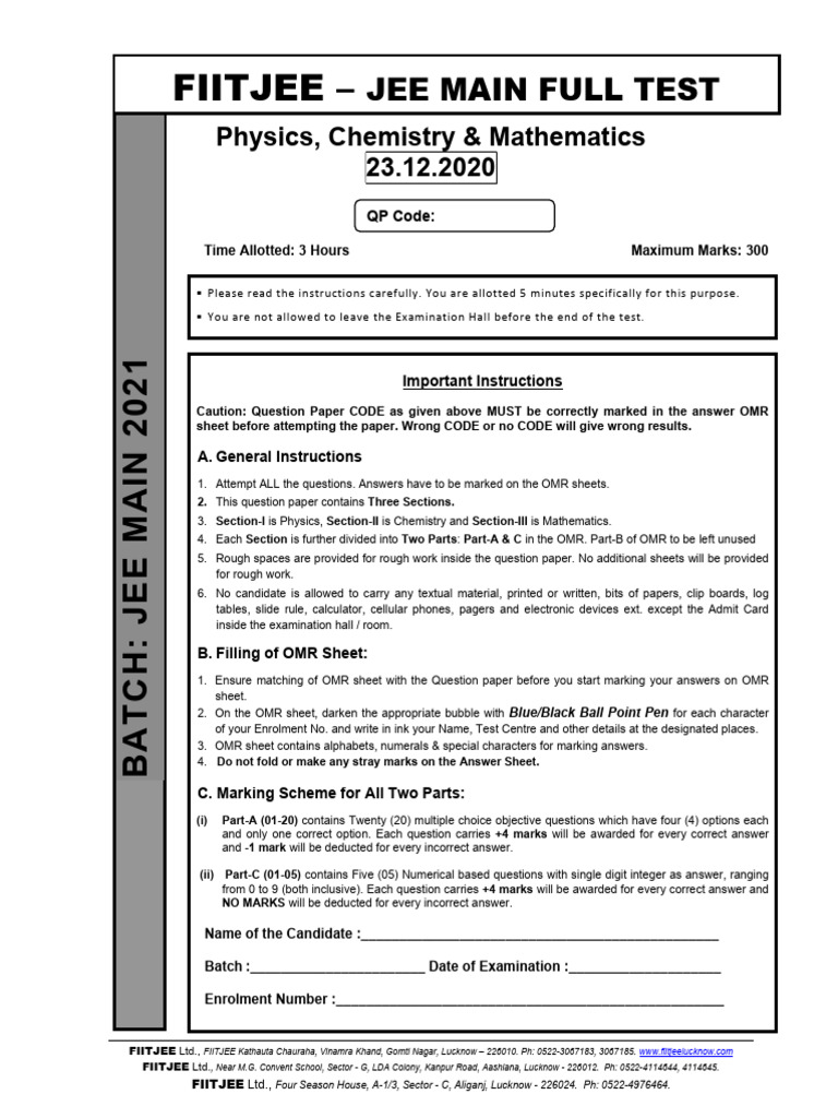 JEE Main Mock Test - 7 | PDF