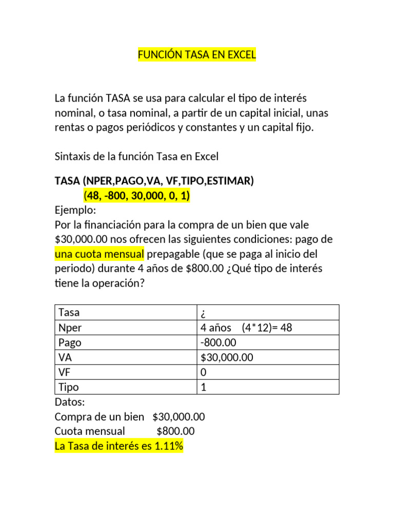 Función Tasa en Excel | PDF