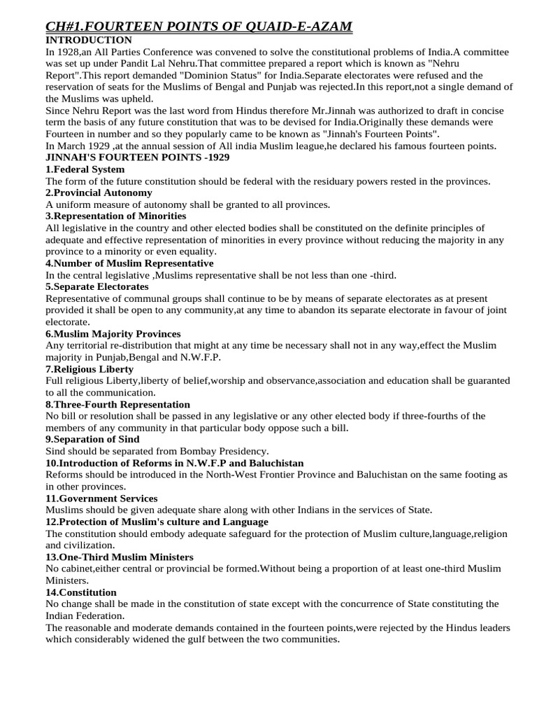 1-Fourteen Points of Quaid-e-Azam | PDF