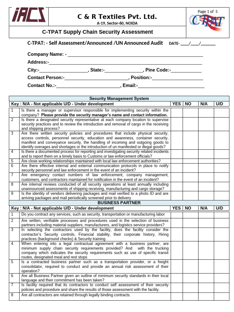 C-TPAT Security Assessment Checklist | PDF | Physical Security ...