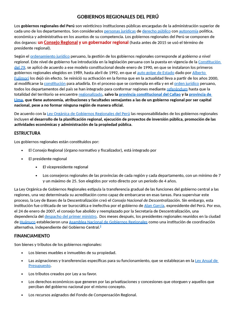 Estructura y Funciones de Gobiernos Regionales en Perú | PDF ...