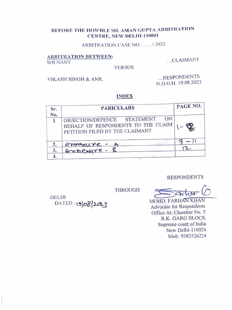 Objection to Claim in Arbitration Case | PDF | Affidavit
