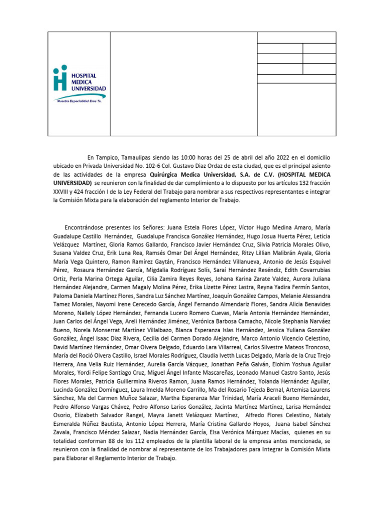 ACTA DE LA COMISION MIXTA PARA LA ELABORACION DEL REGLAMENTO INTERIOR ...